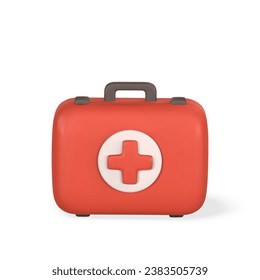 3d realistic first aid kit, emergency box in cartoon style. Hospital doctor care bag. Symbol of safety, urgency help. Pharmacy advertisement. Vector illustration.