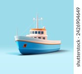 3d realistic fishing boat cartoon illustration of vessel for fishing, blue and white colors