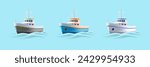 3d realistic fishing boat set of cartoon illustrations of vessel with volume waves, sailing in the sea in different colors