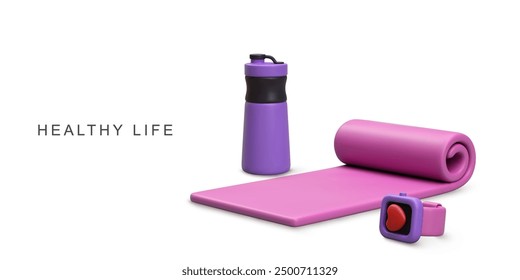 3d realistic fitness bracelet, Shaker water bottle and yoga mat. Vector illustration.