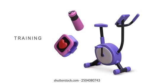 3d realistic fitness bracelet, Shaker water bottle and exercise bike. Vector illustration.