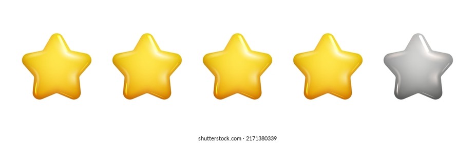 3d realistic five stars rating in yellow and grey colours. Realistic vector customer rating feedback. 3d Vector Elements.