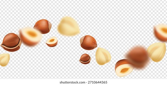 3d realistic floating hazelnuts. Wave of nut isolated on transparent background. Flying defocusing hazelnuts in shell horizontal Design element for packaging, advertising, Vector