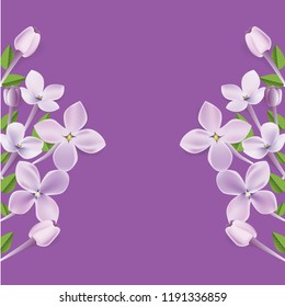 3d realistic floral frame or border illustration for your advertisement layout with white empty background. Vector Purple Lilac flowers, leaf and petals illustration.