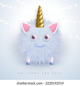 3D realistic  fluffy unicorn with golden horn isolated on white background. Vector illustration