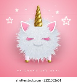 3D realistic  fluffy unicorn with golden horn isolated on pink background. Vector illustration