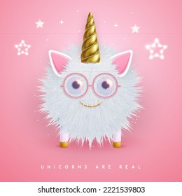 3D realistic  fluffy unicorn with golden horn isolated on pink background. Vector illustration