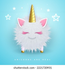 3D realistic  fluffy unicorn with golden horn isolated on blue background. Vector illustration
