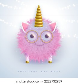 3D realistic  fluffy unicorn with golden horn isolated on white background. Vector illustration