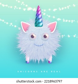 3D-realistisches, fließendes Einhorn mit Farbverlauf-Horn einzeln auf blauem Hintergrund. Vektorgrafik