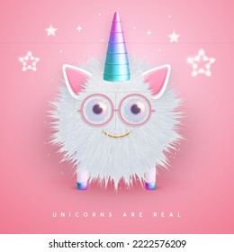 3D realistic  fluffy unicorn with gradient horn isolated on pink background. Vector illustration