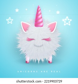 3D realistic  fluffy unicorn with pink horn isolated on blue background. Vector illustration