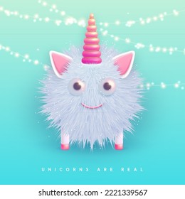 3D realistic  fluffy unicorn with pink horn isolated on blue background. Vector illustration