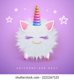 3D realistic  fluffy unicorn with rainbow horn isolated on violet background. Vector illustration