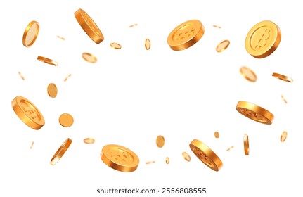 3d realistic flying Bitcoin gold coins with effect bokeh on white isolated background. Rich or casino luck concept. Precious expensive treasure. Stock vector illustration.	
