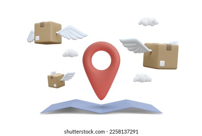 3d realistic flying cardboard boxes with wings and map with pointer. Parcel fast delivery service concept in cartoon style. Vector illustration