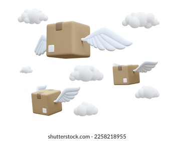 3d realistic flying cardboard boxes with wings in the clouds. Fast delivery service concept in cartoon style. Vector illustration.