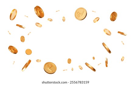 3d realistic flying golden coins of Indian rupees with effect bokeh on white isolated background. Rich or casino luck concept. Precious expensive treasure. Stock vector illustration.	
