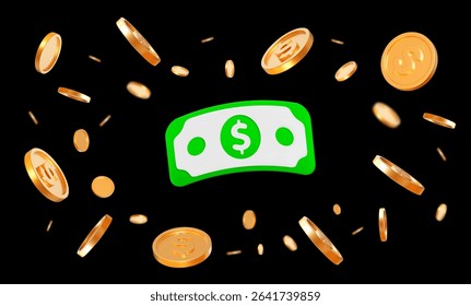 3d realistic flying golden coins with dollar currency sign with effect bokeh on black isolated background. Rich or casino luck concept. Precious expensive treasure. Stock vector illustration.	

