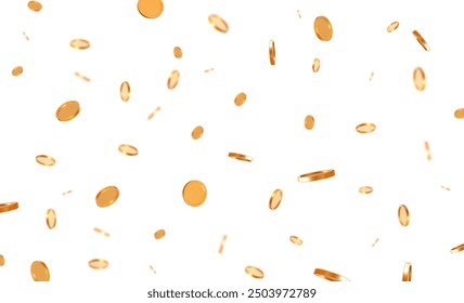 3d realistic flying golden shiny coins with effect bokeh on white isolated background. Rich or casino luck concept. Precious expensive treasure. Stock vector illustration.	
