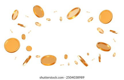 3d realistic flying golden shiny coins with effect bokeh on white isolated background. Rich or casino luck concept. Precious expensive treasure. Stock vector illustration.	
