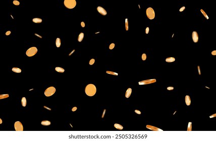 3d realistic flying golden shiny coins with effect bokeh on black isolated background. Rich or casino luck concept. Precious expensive treasure. Stock vector illustration.	
