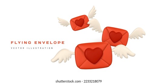 3d realistic flying mail envelope with wings and heart in cartoon minimal style. Vector illustration.