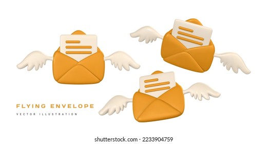 3d realistic flying mail envelope with wings in cartoon minimal style. Vector illustration.