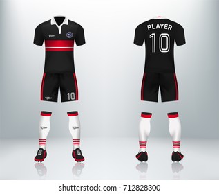 3D realistic of font and back of black soccer jersey shirt with pants and soccer socks on shop backdrop. Concept for soccer team uniform or football apparel mockup template in vector illustration