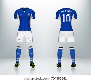 3D realistic of font and back of blue soccer jersey shirt with pants and soccer socks on shop backdrop. Concept for soccer team uniform or football apparel mockup template in vector illustration