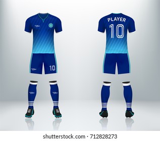 3D realistic of font and back of blue soccer jersey shirt with pants and soccer socks on shop backdrop. Concept for soccer team uniform or football apparel mockup template in vector illustration