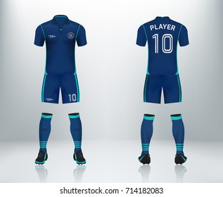 3D Realistic Of Font And Back Of Blue Soccer Jersey Shirt With Pants And Soccer Socks On Shop Backdrop. Concept For Soccer Team Uniform Or Football Apparel Mockup Template In Vector Illustration