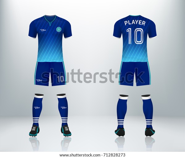 3D realistic of font and back of blue soccer\
jersey shirt with pants and soccer socks on shop backdrop. Concept\
for soccer team uniform or football apparel mockup template in\
vector illustration
