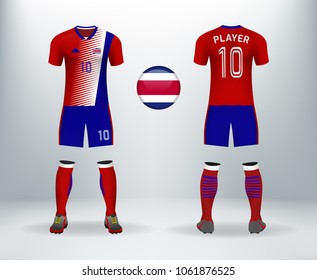 3D realistic of font and back of Costa rica soccer jersey shirt with pants and Costa Rica badge. Concept for national soccer team uniform or football apparel mockup template in vector illustration.