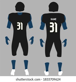 3D realista de tipo de letra y reverso del diseño gráfico de uniformes de camiseta de rugby de fútbol americano. Concepto de burla de prendas de fútbol en ilustración vectorial en tienda minorista.