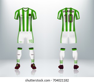 3D realistic of font and back of green soccer jersey shirt with pants and soccer socks on shop backdrop. Concept for soccer team uniform or football apparel mockup template in vector illustration