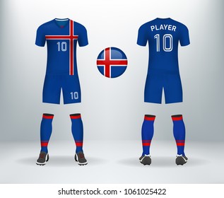 3D realistic of font and back of iceland soccer jersey shirt with pants and iceland badge logo. Concept for national soccer team uniform or football apparel mockup template in vector illustration.