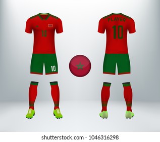 3D realistic of font and back of Morocco soccer jersey shirt with pants and Morocco badge logo. Concept for national soccer team uniform or football apparel mockup template in vector illustration.