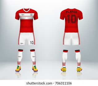 3D realistic of font and back of red soccer jersey shirt with pants and soccer socks on shop backdrop. Concept for soccer team uniform or football apparel mockup template in vector illustration