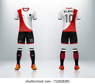 3D realistic of font and back of red soccer jersey shirt with pants and soccer socks on shop backdrop. Concept for soccer team uniform or football apparel mockup template in vector illustration