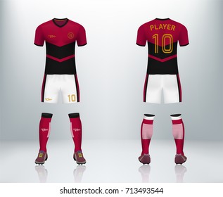 3D realistic of font and back of red soccer jersey shirt with pants and soccer socks on shop backdrop. Concept for soccer team uniform or football apparel mockup template in vector illustration