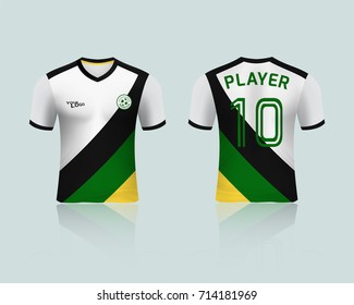 3D realistic of font and back of soccer jersey shirt on shop backdrop. Concept for soccer team uniform or football apparel mockup template in vector illustration