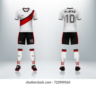 3D realistic of font and back of soccer jersey shirt with pants and soccer socks on shop backdrop. Concept for soccer team uniform or football apparel mockup template in vector illustration