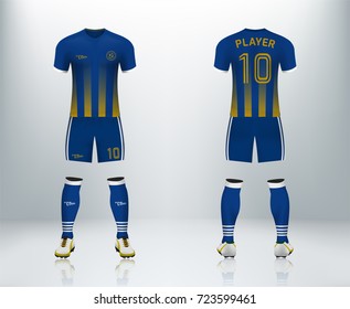 3D realistic of font and back of soccer jersey shirt with pants and soccer socks on shop backdrop. Concept for soccer team uniform or football apparel mockup template in vector illustration