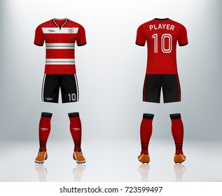 3D realistic of font and back of soccer jersey shirt with pants and soccer socks on shop backdrop. Concept for soccer team uniform or football apparel mockup template in vector illustration