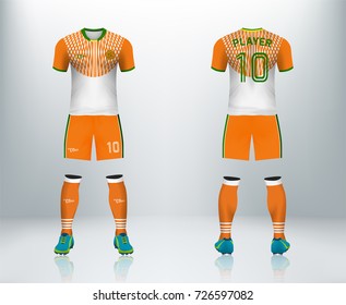 3D realistic of font and back of soccer jersey shirt with pants on shop backdrop.Concept for soccer team uniform or football apparel mockup template in vector 