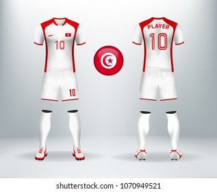 3D realistic of font and back of Tunisia soccer jersey shirt with pants and Tunisia badge logo. Concept for national soccer team uniform or football apparel mockup template in vector illustration.