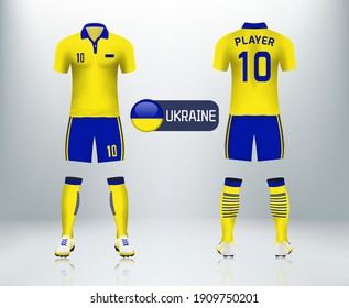 3D realistic of font and back of ukraine soccer jersey shirt with pants and urkaine badge logo. Concept for national soccer team uniform or football apparel mockup template in vector illustration.