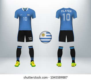 3D realistic of font and back of Uruguay soccer jersey shirt with pants and Uruguay badge logo. Concept for national soccer team uniform or football apparel mockup template in vector illustration.