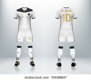 3D realistic of font and back of white soccer jersey shirt with pants and soccer socks on shop backdrop. Concept for soccer team uniform or football apparel mockup template in vector illustration